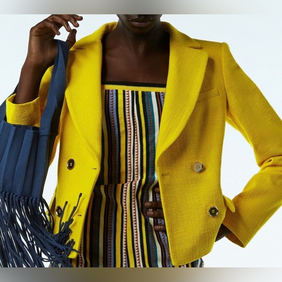Zara | Yellow Textured Double Breasted Blazer Size Small - Picture 2 of 10